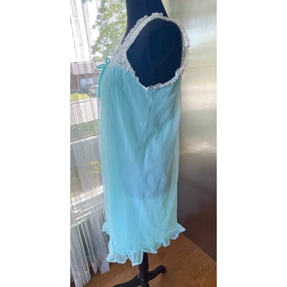 Vintage 60s night dress, blue lined sleeveless nightgown, sheer negligee - Picture 2 of 8